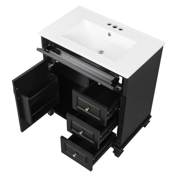 English Elm 30 Inch Freestanding Bathroom Vanity Rubberwood Cabinet with Ceramic Sink and Four Storage Zones Black N725P499703B