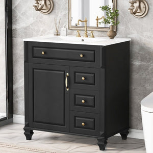 English Elm 30 Inch Freestanding Bathroom Vanity Rubberwood Cabinet with Ceramic Sink and Four Storage Zones Black N725P499703B