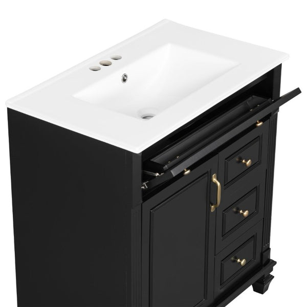 English Elm 30 Inch Freestanding Bathroom Vanity Rubberwood Cabinet with Ceramic Sink and Four Storage Zones Black N725P499703B
