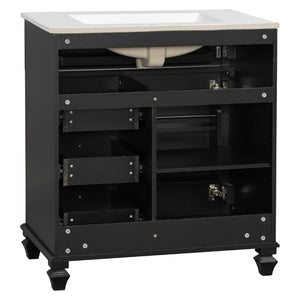 English Elm 30 Inch Freestanding Bathroom Vanity Rubberwood Cabinet with Ceramic Sink and Four Storage Zones Black N725P499703B