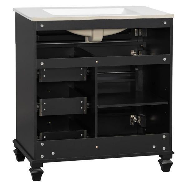 English Elm 30 Inch Freestanding Bathroom Vanity Rubberwood Cabinet with Ceramic Sink and Four Storage Zones Black N725P499703B