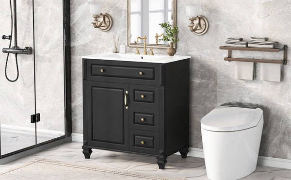 English Elm 30 Inch Freestanding Bathroom Vanity Rubberwood Cabinet with Ceramic Sink and Four Storage Zones Black N725P499703B