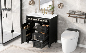 English Elm 30 Inch Freestanding Bathroom Vanity Rubberwood Cabinet with Ceramic Sink and Four Storage Zones Black N725P499703B