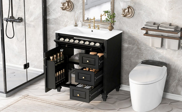 English Elm 30 Inch Freestanding Bathroom Vanity Rubberwood Cabinet with Ceramic Sink and Four Storage Zones Black N725P499703B