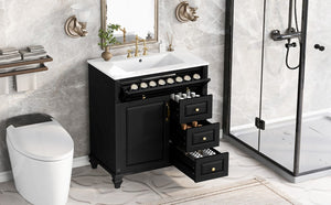 English Elm 30 Inch Freestanding Bathroom Vanity Rubberwood Cabinet with Ceramic Sink and Four Storage Zones Black N725P499703B