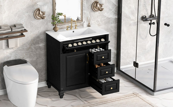 English Elm 30 Inch Freestanding Bathroom Vanity Rubberwood Cabinet with Ceramic Sink and Four Storage Zones Black N725P499703B