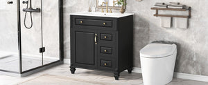 English Elm 30 Inch Freestanding Bathroom Vanity Rubberwood Cabinet with Ceramic Sink and Four Storage Zones Black N725P499703B
