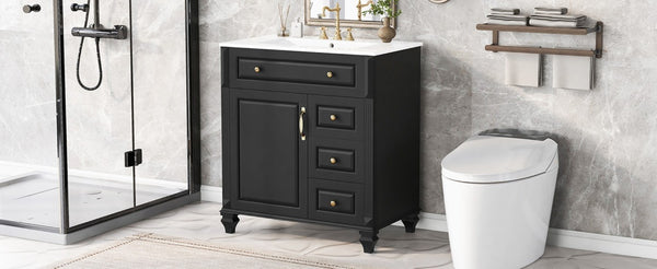English Elm 30 Inch Freestanding Bathroom Vanity Rubberwood Cabinet with Ceramic Sink and Four Storage Zones Black N725P499703B