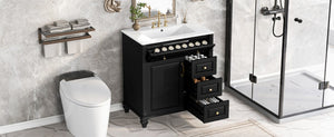 English Elm 30 Inch Freestanding Bathroom Vanity Rubberwood Cabinet with Ceramic Sink and Four Storage Zones Black N725P499703B