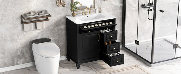 English Elm 30 Inch Freestanding Bathroom Vanity Rubberwood Cabinet with Ceramic Sink and Four Storage Zones Black N725P499703B