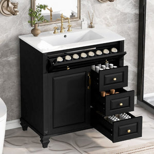 English Elm 30 Inch Freestanding Bathroom Vanity Rubberwood Cabinet with Ceramic Sink and Four Storage Zones Black N725P499703B