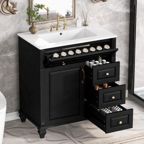 English Elm 30 Inch Freestanding Bathroom Vanity Rubberwood Cabinet with Ceramic Sink and Four Storage Zones Black N725P499703B