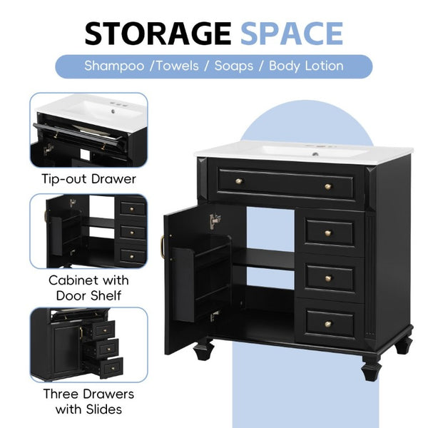 English Elm 30 Inch Freestanding Bathroom Vanity Rubberwood Cabinet with Ceramic Sink and Four Storage Zones Black N725P499703B