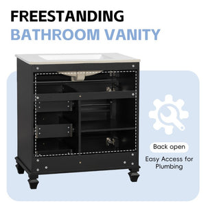 English Elm 30 Inch Freestanding Bathroom Vanity Rubberwood Cabinet with Ceramic Sink and Four Storage Zones Black N725P499703B