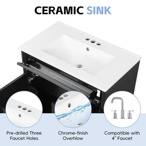 English Elm 30 Inch Freestanding Bathroom Vanity Rubberwood Cabinet with Ceramic Sink and Four Storage Zones Black N725P499703B