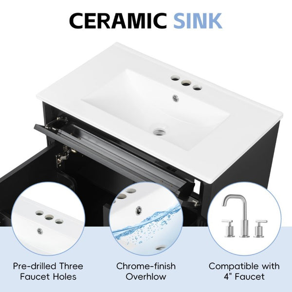 English Elm 30 Inch Freestanding Bathroom Vanity Rubberwood Cabinet with Ceramic Sink and Four Storage Zones Black N725P499703B
