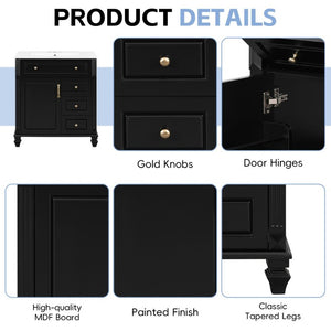 English Elm 30 Inch Freestanding Bathroom Vanity Rubberwood Cabinet with Ceramic Sink and Four Storage Zones Black N725P499703B
