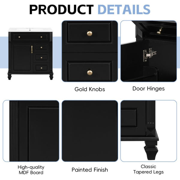 English Elm 30 Inch Freestanding Bathroom Vanity Rubberwood Cabinet with Ceramic Sink and Four Storage Zones Black N725P499703B