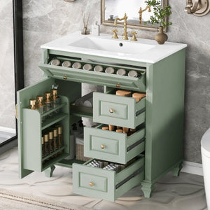 English Elm 30 Inch Freestanding Bathroom Vanity Rubberwood Cabinet with Ceramic Sink and Four Storage Zones Green N725P499703G