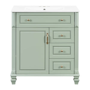 English Elm 30 Inch Freestanding Bathroom Vanity Rubberwood Cabinet with Ceramic Sink and Four Storage Zones Green N725P499703G