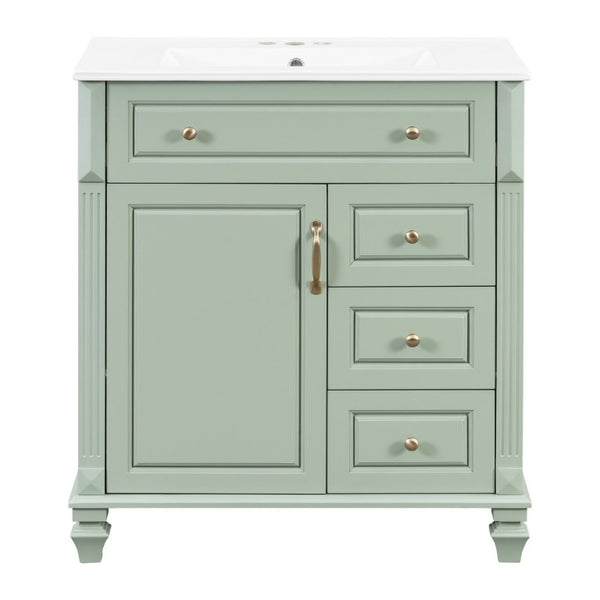 English Elm 30 Inch Freestanding Bathroom Vanity Rubberwood Cabinet with Ceramic Sink and Four Storage Zones Green N725P499703G