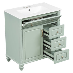 English Elm 30 Inch Freestanding Bathroom Vanity Rubberwood Cabinet with Ceramic Sink and Four Storage Zones Green N725P499703G