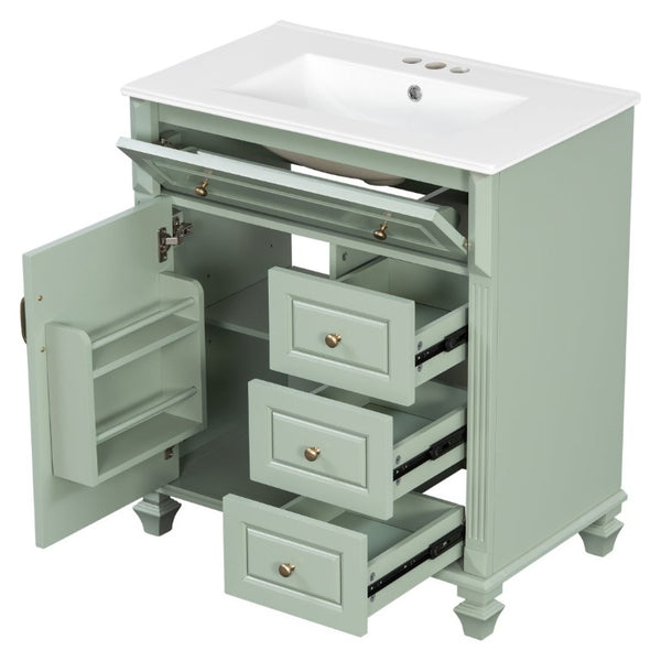 English Elm 30 Inch Freestanding Bathroom Vanity Rubberwood Cabinet with Ceramic Sink and Four Storage Zones Green N725P499703G