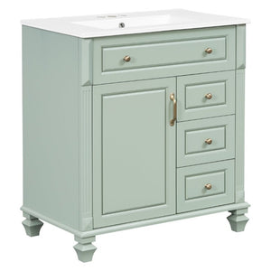 English Elm 30 Inch Freestanding Bathroom Vanity Rubberwood Cabinet with Ceramic Sink and Four Storage Zones Green N725P499703G