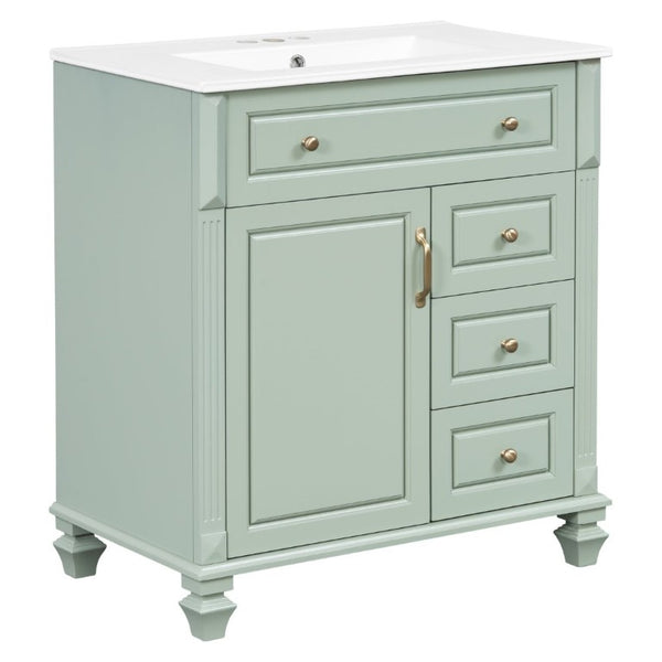 English Elm 30 Inch Freestanding Bathroom Vanity Rubberwood Cabinet with Ceramic Sink and Four Storage Zones Green N725P499703G