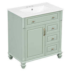 English Elm 30 Inch Freestanding Bathroom Vanity Rubberwood Cabinet with Ceramic Sink and Four Storage Zones Green N725P499703G