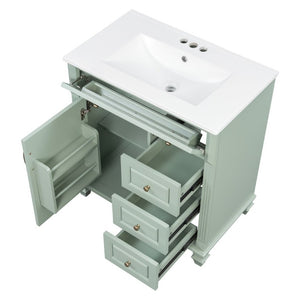 English Elm 30 Inch Freestanding Bathroom Vanity Rubberwood Cabinet with Ceramic Sink and Four Storage Zones Green N725P499703G