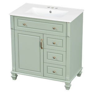 English Elm 30 Inch Freestanding Bathroom Vanity Rubberwood Cabinet with Ceramic Sink and Four Storage Zones Green N725P499703G