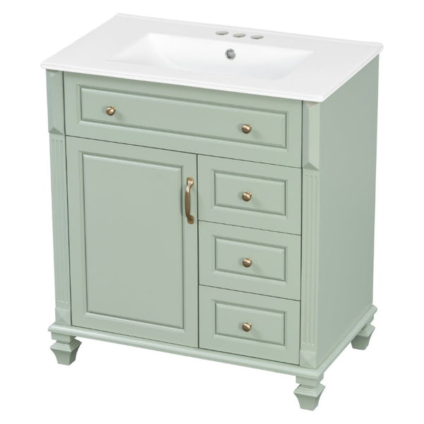 English Elm 30 Inch Freestanding Bathroom Vanity Rubberwood Cabinet with Ceramic Sink and Four Storage Zones Green N725P499703G