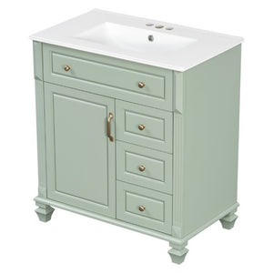 English Elm 30 Inch Freestanding Bathroom Vanity Rubberwood Cabinet with Ceramic Sink and Four Storage Zones Green N725P499703G