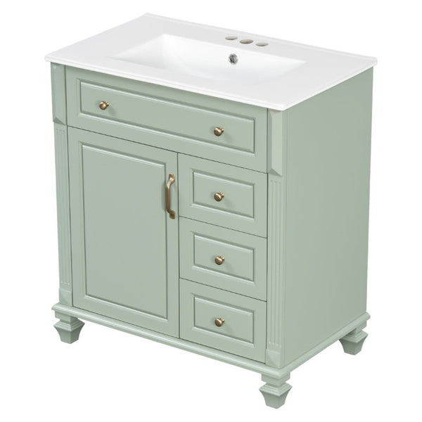 English Elm 30 Inch Freestanding Bathroom Vanity Rubberwood Cabinet with Ceramic Sink and Four Storage Zones Green N725P499703G