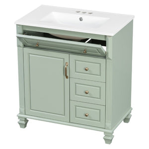 English Elm 30 Inch Freestanding Bathroom Vanity Rubberwood Cabinet with Ceramic Sink and Four Storage Zones Green N725P499703G