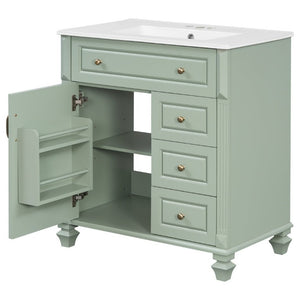 English Elm 30 Inch Freestanding Bathroom Vanity Rubberwood Cabinet with Ceramic Sink and Four Storage Zones Green N725P499703G
