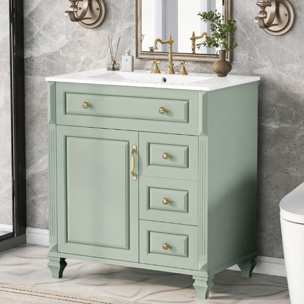 English Elm 30 Inch Freestanding Bathroom Vanity Rubberwood Cabinet with Ceramic Sink and Four Storage Zones Green N725P499703G