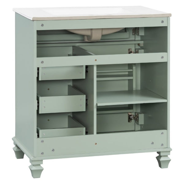 English Elm 30 Inch Freestanding Bathroom Vanity Rubberwood Cabinet with Ceramic Sink and Four Storage Zones Green N725P499703G