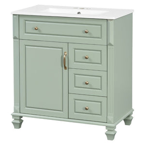 English Elm 30 Inch Freestanding Bathroom Vanity Rubberwood Cabinet with Ceramic Sink and Four Storage Zones Green N725P499703G
