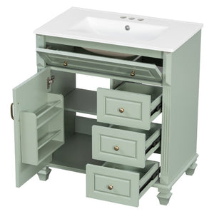 English Elm 30 Inch Freestanding Bathroom Vanity Rubberwood Cabinet with Ceramic Sink and Four Storage Zones Green N725P499703G