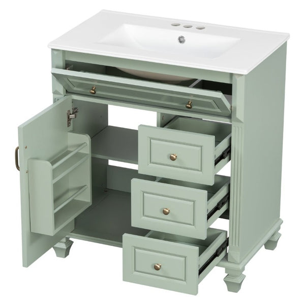 English Elm 30 Inch Freestanding Bathroom Vanity Rubberwood Cabinet with Ceramic Sink and Four Storage Zones Green N725P499703G