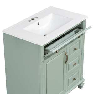 English Elm 30 Inch Freestanding Bathroom Vanity Rubberwood Cabinet with Ceramic Sink and Four Storage Zones Green N725P499703G