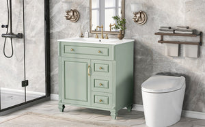 English Elm 30 Inch Freestanding Bathroom Vanity Rubberwood Cabinet with Ceramic Sink and Four Storage Zones Green N725P499703G