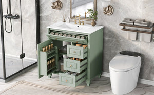 English Elm 30 Inch Freestanding Bathroom Vanity Rubberwood Cabinet with Ceramic Sink and Four Storage Zones Green N725P499703G