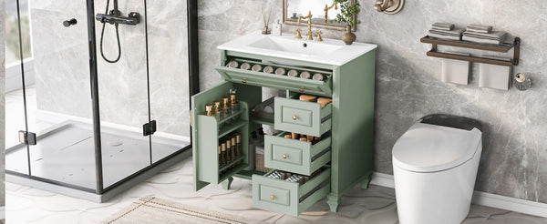 English Elm 30 Inch Freestanding Bathroom Vanity Rubberwood Cabinet with Ceramic Sink and Four Storage Zones Green N725P499703G