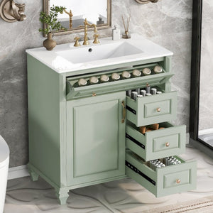 English Elm 30 Inch Freestanding Bathroom Vanity Rubberwood Cabinet with Ceramic Sink and Four Storage Zones Green N725P499703G