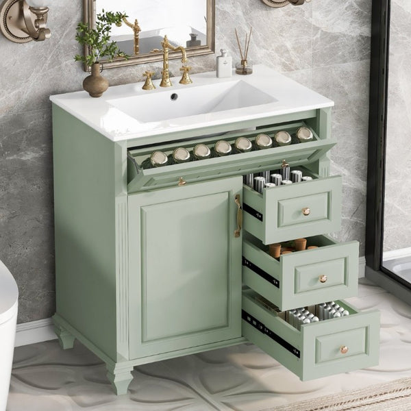 English Elm 30 Inch Freestanding Bathroom Vanity Rubberwood Cabinet with Ceramic Sink and Four Storage Zones Green N725P499703G