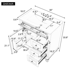 English Elm 30 Inch Freestanding Bathroom Vanity Rubberwood Cabinet with Ceramic Sink and Four Storage Zones Green N725P499703G