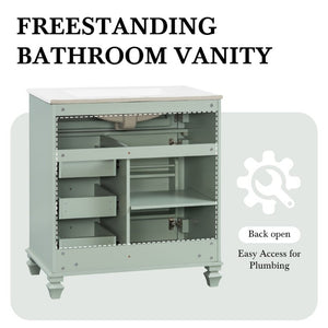 English Elm 30 Inch Freestanding Bathroom Vanity Rubberwood Cabinet with Ceramic Sink and Four Storage Zones Green N725P499703G